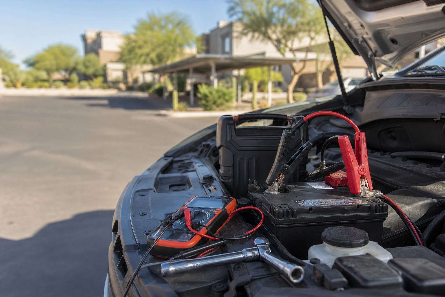 Westminster mobile mechanic load testing a battery with a multimeter and jump pack